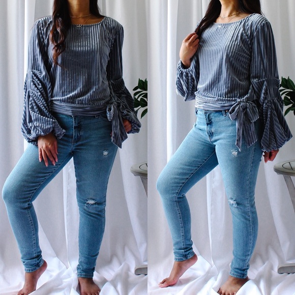 FINAL SALE! Blue Velvet Side Front Tie Waist Sweater - Picture 6 of 6